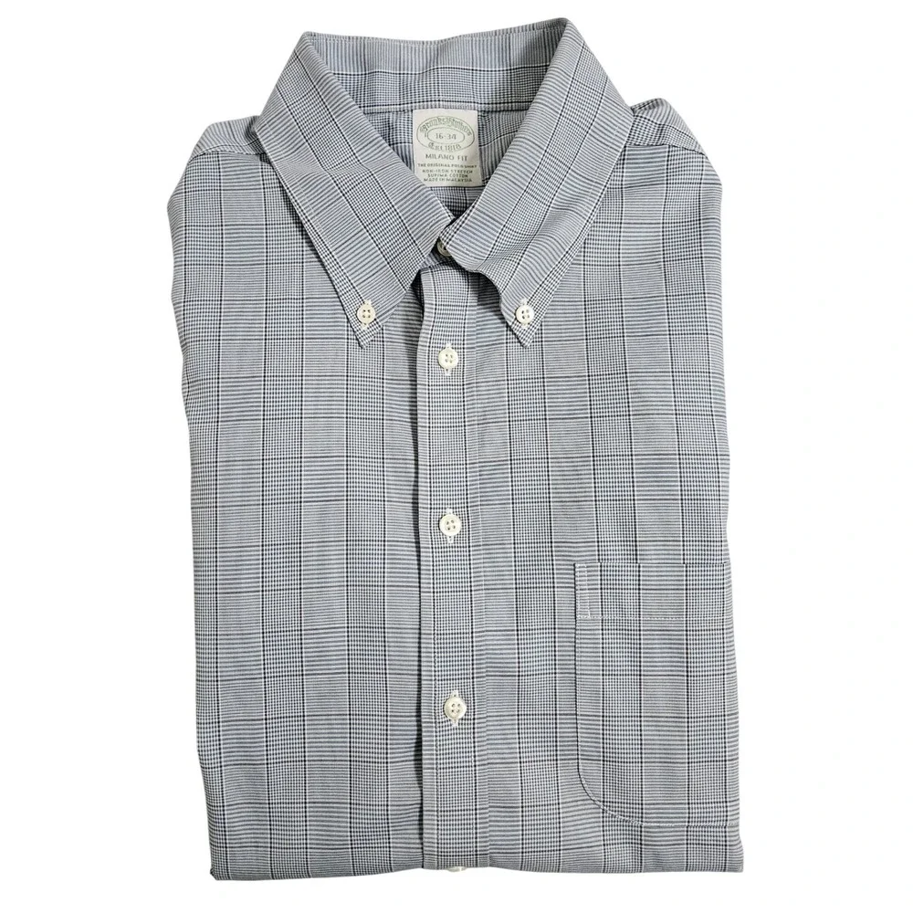 Brooks Brothers Milano Fit Plaid Dress Shirt Blue Gray Quiet Luxury  Ivy 16 34 - Picture 5 of 12